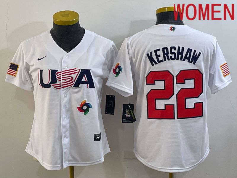 Women 2023 World Cub USA 22 Kershaw White Nike MLB Jersey3